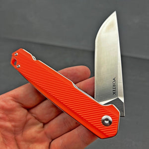 NEPTUNE:  D2 Straight Back Blade, Orange G10 Handles,  Ball Bearing Flipper Pivot System