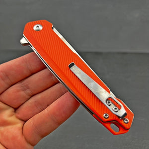 NEPTUNE:  D2 Straight Back Blade, Orange G10 Handles,  Ball Bearing Flipper Pivot System