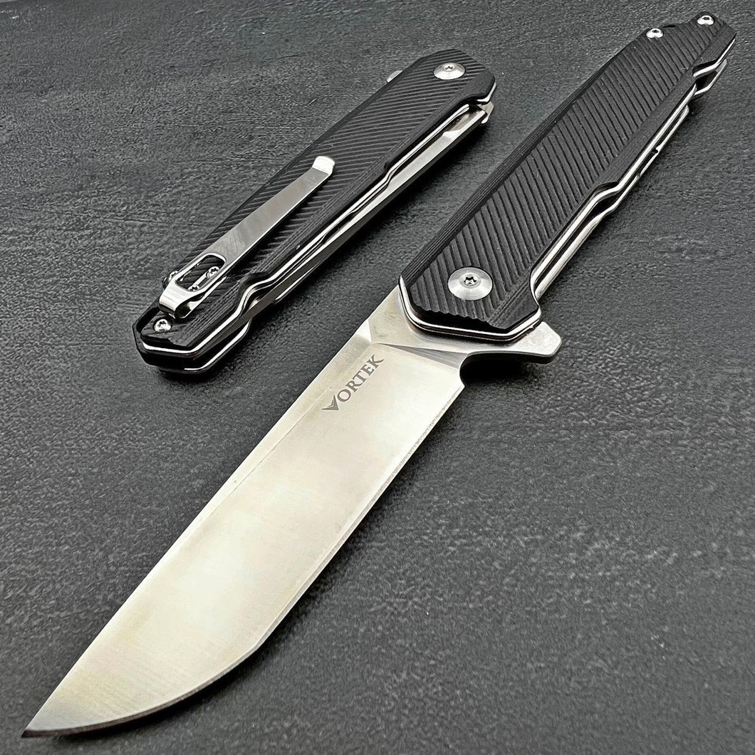 NEPTUNE:  D2 Straight Back Blade,  Black G10 Handles,  Ball Bearing Flipper Pivot System