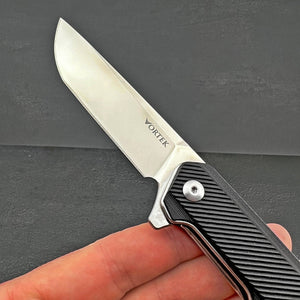 NEPTUNE:  D2 Straight Back Blade,  Black G10 Handles,  Ball Bearing Flipper Pivot System