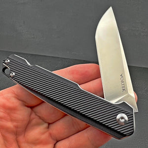 NEPTUNE:  D2 Straight Back Blade,  Black G10 Handles,  Ball Bearing Flipper Pivot System