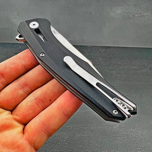 SCURRY:  D2 Drop Point Blade, Black G10 Handles,  Ball Bearing Flipper Pivot System