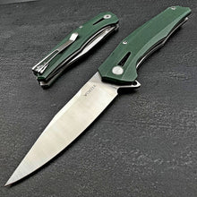 Load image into Gallery viewer, SCURRY:  D2 Drop Point Blade,  Green G10 Handles,  Ball Bearing Flipper System