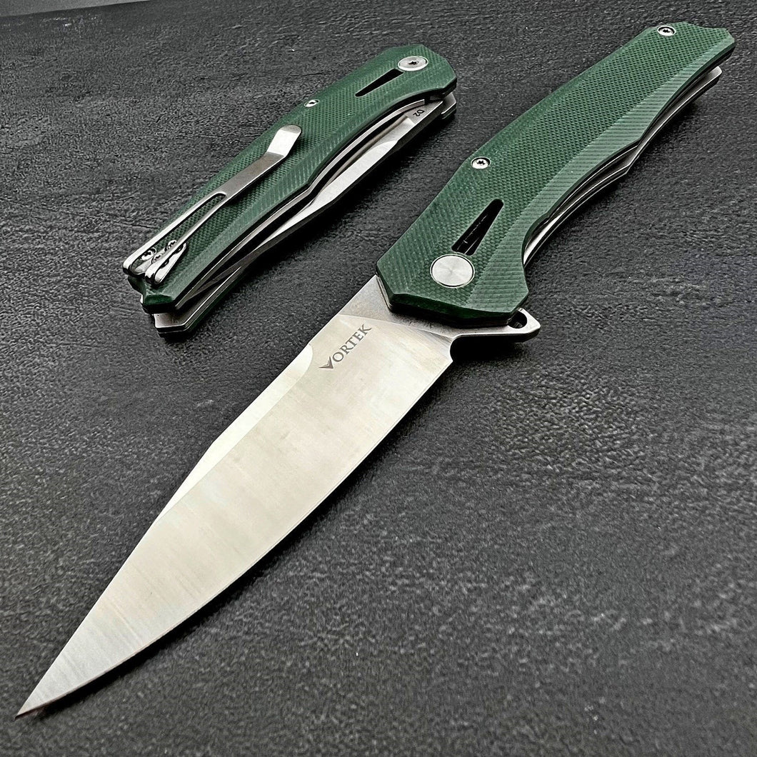 SCURRY:  D2 Drop Point Blade,  Green G10 Handles,  Ball Bearing Flipper System