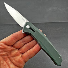 Load image into Gallery viewer, SCURRY:  D2 Drop Point Blade,  Green G10 Handles,  Ball Bearing Flipper System