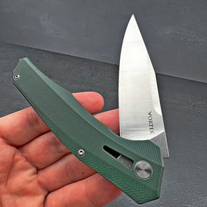 SCURRY:  D2 Drop Point Blade,  Green G10 Handles,  Ball Bearing Flipper System