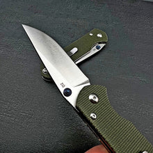 Load image into Gallery viewer, OTIS: Green Micarta Handles, Thumb Stud Opening, D2 Drop Point Blade