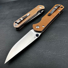 Load image into Gallery viewer, OTIS: Tan Micarta Handles, D2 Drop Point Blade, Thumb Stub Opening, EDC Folding Pocket Knife