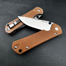 Load image into Gallery viewer, OTIS: Tan Micarta Handles, D2 Drop Point Blade, Thumb Stub Opening, EDC Folding Pocket Knife