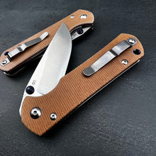 Load image into Gallery viewer, OTIS: Tan Micarta Handles, D2 Drop Point Blade, Thumb Stub Opening, EDC Folding Pocket Knife