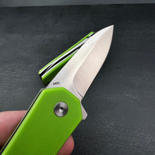 Load image into Gallery viewer, BANTAM:  Green G10 Handles, 440C Spear Point Blade,  Small EDC Pocket Knife, Ball Bearing Flipper System