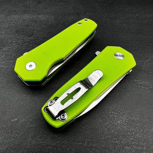 BANTAM:  Green G10 Handles, 440C Spear Point Blade,  Small EDC Pocket Knife, Ball Bearing Flipper System