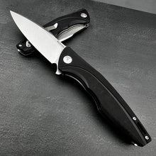 Load image into Gallery viewer, PALADIN: Large Black G10 Handles, D2 Drop Point Blade, Fast Open Ball Baring Pivot System