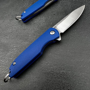 PIKA: Blue Handles, D2 Blade, Small Light Keychain Folding Pocket Knife,  Ball Bearing Flipper System