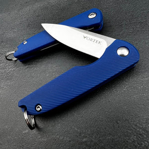 PIKA: Blue Handles, D2 Blade, Small Light Keychain Folding Pocket Knife,  Ball Bearing Flipper System