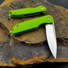 Load image into Gallery viewer, PIKA: Lime Green Handles, D2 Ball Bearing Flipper Blade, Small Keychain Knife,  Ball Bearing Pivot System