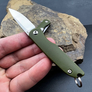 PIKA: Green Handles, D2 Ball Bearing Flipper Blade, Small Keychain Knife, Ball Bearing Pivot System