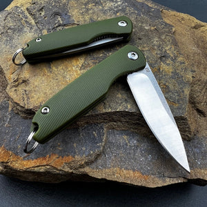 PIKA: Green Handles, D2 Ball Bearing Flipper Blade, Small Keychain Knife, Ball Bearing Pivot System