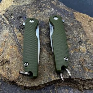 PIKA: Green Handles, D2 Ball Bearing Flipper Blade, Small Keychain Knife, Ball Bearing Pivot System