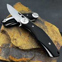 Load image into Gallery viewer, MONDO: Black G10 Handles, Heavy Duty Design, D2 Drop Point Blade, Fast Open Ball Bearing Flipper System