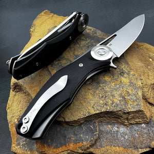 MONDO: Black G10 Handles, Heavy Duty Design, D2 Drop Point Blade, Fast Open Ball Bearing Flipper System