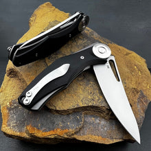 Load image into Gallery viewer, MONDO: Black G10 Handles, Heavy Duty Design, D2 Drop Point Blade, Fast Open Ball Bearing Flipper System