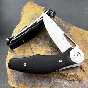 MONDO: Black G10 Handles, Heavy Duty Design, D2 Drop Point Blade, Fast Open Ball Bearing Flipper System