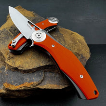 Load image into Gallery viewer, MONDO: Orange G10 Handles, Heavy Duty Design, D2 Drop Point Blade, Fast Open Ball Bearing Flipper System