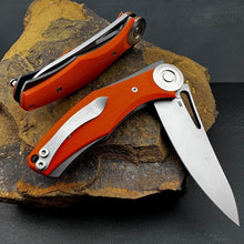 Load image into Gallery viewer, MONDO: Orange G10 Handles, Heavy Duty Design, D2 Drop Point Blade, Fast Open Ball Bearing Flipper System