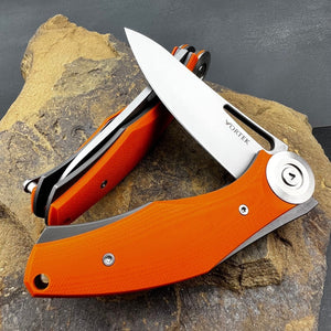 MONDO: Orange G10 Handles, Heavy Duty Design, D2 Drop Point Blade, Fast Open Ball Bearing Flipper System