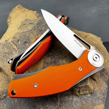 Load image into Gallery viewer, MONDO: Orange G10 Handles, Heavy Duty Design, D2 Drop Point Blade, Fast Open Ball Bearing Flipper System