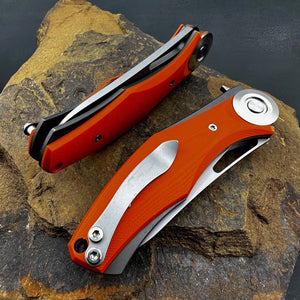 MONDO: Orange G10 Handles, Heavy Duty Design, D2 Drop Point Blade, Fast Open Ball Bearing Flipper System