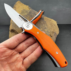 MONDO: Orange G10 Handles, Heavy Duty Design, D2 Drop Point Blade, Fast Open Ball Bearing Flipper System