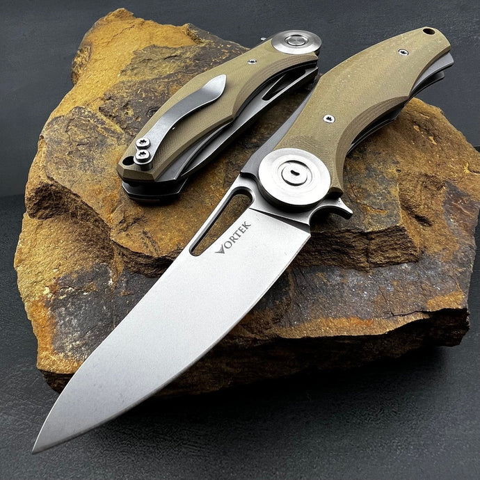 MONDO: Desert Tan G10 Handles, D2 Drop Point Blade, Heavy Duty Design,  Fast Open Ball Bearing Flipper System