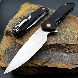 FOXTROT: Black G10 Handles, D2 Drop Point Blade,  Ball Bearing Flipper System