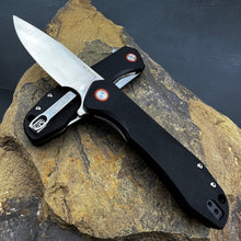 Load image into Gallery viewer, FOXTROT: Black G10 Handles, D2 Drop Point Blade,  Ball Bearing Flipper System