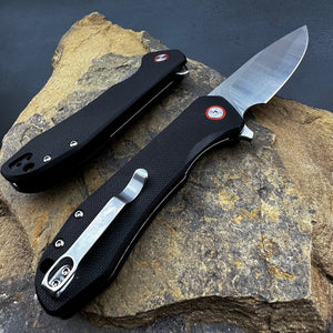 FOXTROT: Black G10 Handles, D2 Drop Point Blade,  Ball Bearing Flipper System