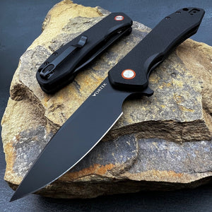 FOXTROT:  Black G10 Handles, D2 Drop Point Blade,  Ball Bearing Pivot System