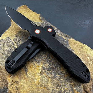 FOXTROT:  Black G10 Handles, D2 Drop Point Blade,  Ball Bearing Pivot System