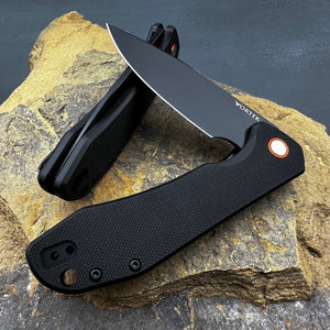 FOXTROT:  Black G10 Handles, D2 Drop Point Blade,  Ball Bearing Pivot System