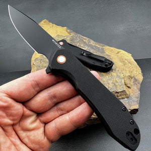 FOXTROT:  Black G10 Handles, D2 Drop Point Blade,  Ball Bearing Pivot System