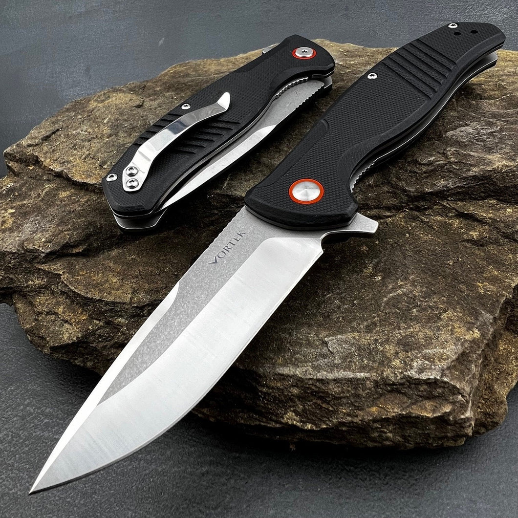 MONARK: Black G10 Handles, D2 Drop Point Blade, Ball Bearing Flipper System