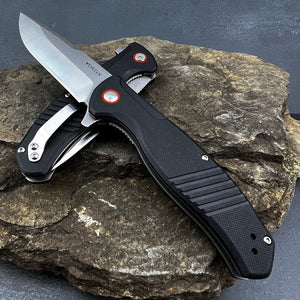 MONARK: Black G10 Handles, D2 Drop Point Blade, Ball Bearing Flipper System