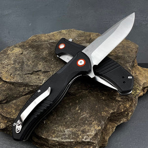 MONARK: Black G10 Handles, D2 Drop Point Blade, Ball Bearing Flipper System