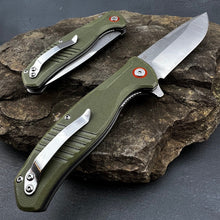 Load image into Gallery viewer, MONARK: Green G10 Handles, D2 Steel Blade, Tactical Duty, Ball Bearing Flipper System