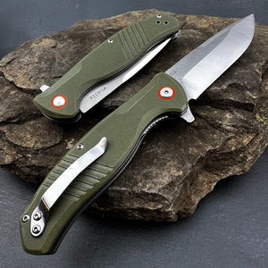 MONARK: Green G10 Handles, D2 Steel Blade, Tactical Duty, Ball Bearing Flipper System