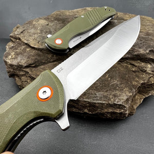 MONARK: Green G10 Handles, D2 Steel Blade, Tactical Duty, Ball Bearing Flipper System