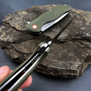 MONARK: Green G10 Handles, D2 Steel Blade, Tactical Duty, Ball Bearing Flipper System