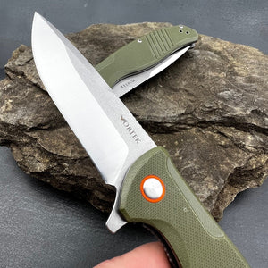 MONARK: Green G10 Handles, D2 Steel Blade, Tactical Duty, Ball Bearing Flipper System