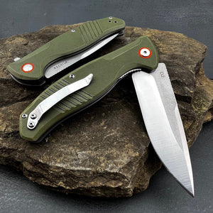 MONARK: Green G10 Handles, D2 Steel Blade, Tactical Duty, Ball Bearing Flipper System